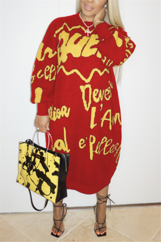 Red Fashion Casual Regular Sleeve Long Sleeve O Neck T-shirt Dress Mid Calf Letter Print Dresses