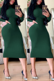 Dark green Fashion Sexy Adult Milk Fiber Solid Patchwork Turtleneck Long Sleeve Knee Length One-piece Suits Dresses