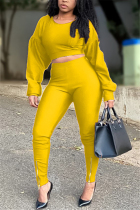Yellow Fashion Casual Long Sleeve O Neck Regular Sleeve Short Solid Two Pieces