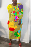Yellow Sexy Print Ripped O Neck Long Sleeve Ankle Length Pencil Skirt Dresses