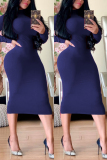 Royal blue Fashion Sexy Adult Milk Fiber Solid Patchwork Turtleneck Long Sleeve Knee Length One-piece Suits Dresses