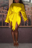 Yellow Fashion Casual Regular Sleeve Long Sleeve O Neck Mini Solid Dresses