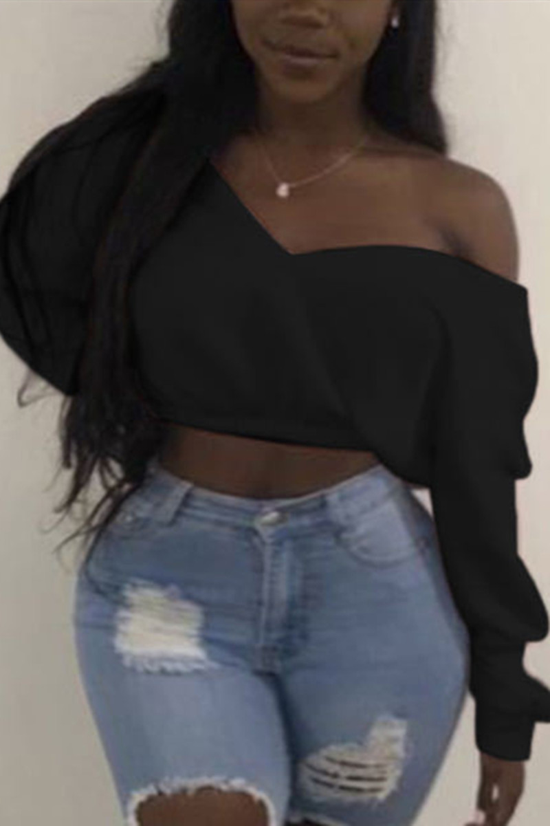 

Black Fashion Sexy Oblique Collar Long Sleeve Off The Shoulder Short Solid Tops