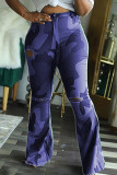 purple Sexy Camouflage Print Ripped Fold Straight Bottoms
