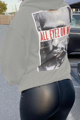 Grey Casual Print Hooded Collar Tops