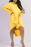 Yellow Fashion Solid Hooded Collar Long Sleeve Long Sleeve Dress Dresses