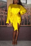 Yellow Fashion Casual Regular Sleeve Long Sleeve O Neck Mini Solid Dresses