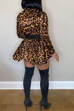 Khaki Fashion Leopard Camouflage Print Patchwork POLO collar Asymmetrical Dresses