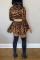 Black Fashion Leopard Camouflage Print Patchwork POLO collar Asymmetrical Dresses