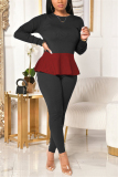 Black Fashion Celebrities Adult Patchwork Solid Patchwork Flounce O Neck Long Sleeve Regular Sleeve Regular Two Pieces