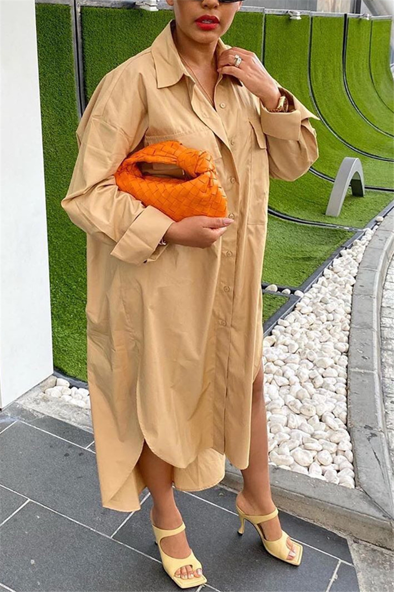 

Khaki Fashion Casual Sleeve Long Sleeve Turndown Collar Shirt Dress Ankle Length Solid Dresses
