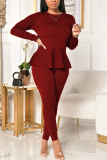 Wine Red Fashion Celebrities Adult Solid Bandage Flounce O Neck Long Sleeve Regular Sleeve Regular Two Pieces