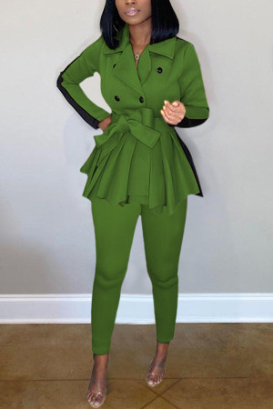Green Fashion Casual Long Sleeve Turndown Collar Regular Sleeve Regular Patchwork Two Pieces