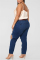 Blue Fashion Casual Solid Plus Size High Waist Broken Hole Jeans（Without Belt）