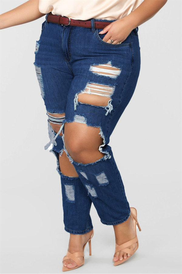 Blue Sexy Denim Solid Ripped Plus Size 