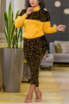 Yellow Fashion Casual Patchwork Print Leopard Zipper Collar Long Sleeve Two Pieces