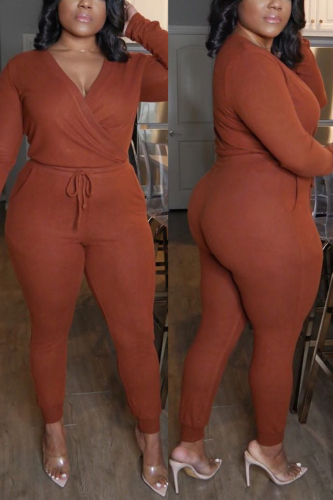 Brown Casual Twilled Satin Solid V Neck Plus Size 