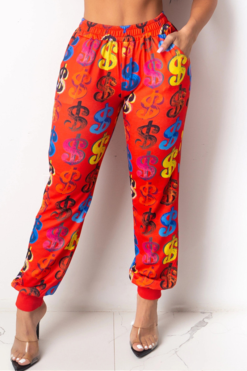 

Red Fashion Casual Regular Print Trousers