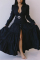 Black Celebrities Solid With Belt Shirt Collar Long Sleeve Floor Length Long Sleeve Dress Dresses