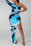 Blue Black Fashion Sexy Single Sleeve Long Sleeve Oblique Collar Printed Dress Print Tie Dye Dresses