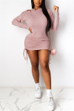 Pink Sexy Solid Patchwork Fold Hooded Collar Long Sleeve Mini Pencil Skirt Dresses