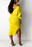 Yellow Fashion Adult Elegant Pit Article Fabrics Solid Bandage Backless V Neck Long Sleeve Mid Calf Pencil Skirt Dresses