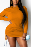 Orange Sexy Solid Patchwork Fold Hooded Collar Long Sleeve Mini Pencil Skirt Dresses