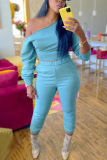 Light Blue Fashion Casual Long Sleeve Oblique Collar Off The Shoulder Short Solid Two Pieces