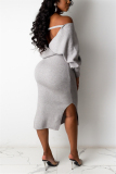 Grey Fashion Adult Elegant Pit Article Fabrics Solid Bandage Backless V Neck Long Sleeve Mid Calf Pencil Skirt Dresses