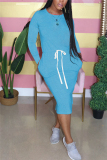 Light Blue Fashion Casual Adult Solid Patchwork Draw String O Neck Long Sleeve Knee Length T-shirt Dress Dresses