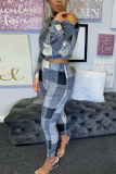 Gray Fashion Casual Long Sleeve Oblique Collar Regular Sleeve Short Plaid Print Two Pieces