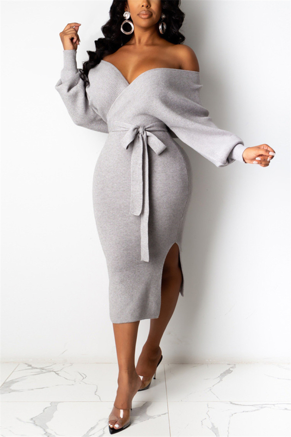 Grey Fashion Adult Elegant Pit Article Fabrics Solid Bandage Backless V Neck Long Sleeve Mid Calf Pencil Skirt Dresses