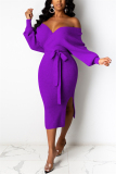 purple Fashion Adult Elegant Pit Article Fabrics Solid Bandage Backless V Neck Long Sleeve Mid Calf Pencil Skirt Dresses