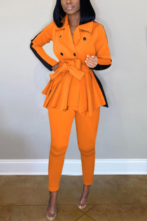 Orange Fashion Casual Long Sleeve Turndown Collar Regular Sleeve Regular Patchwork Two Pieces
