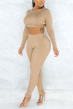 Khaki Fashion Casual Long Sleeve O Neck Regular Sleeve Short Solid Two Pieces