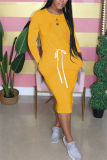 Yellow Fashion Casual Adult Solid Patchwork Draw String O Neck Long Sleeve Knee Length T-shirt Dress Dresses