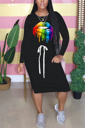 Black Fashion Casual Print Patchwork Draw String O Neck Printed Dresses