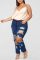 Blue Fashion Casual Solid Plus Size High Waist Broken Hole Jeans（Without Belt）