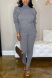 Light Gray Fashion Casual Adult Solid Fold O Neck Long Sleeve Hubble-Bubble Sleeve Regular Two Pieces