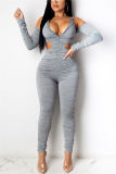 Grey Fashion Sexy Adult Solid Fold Halter Skinny Jumpsuits