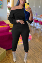 Black Fashion Casual Long Sleeve Oblique Collar Off The Shoulder Short Solid Two Pieces