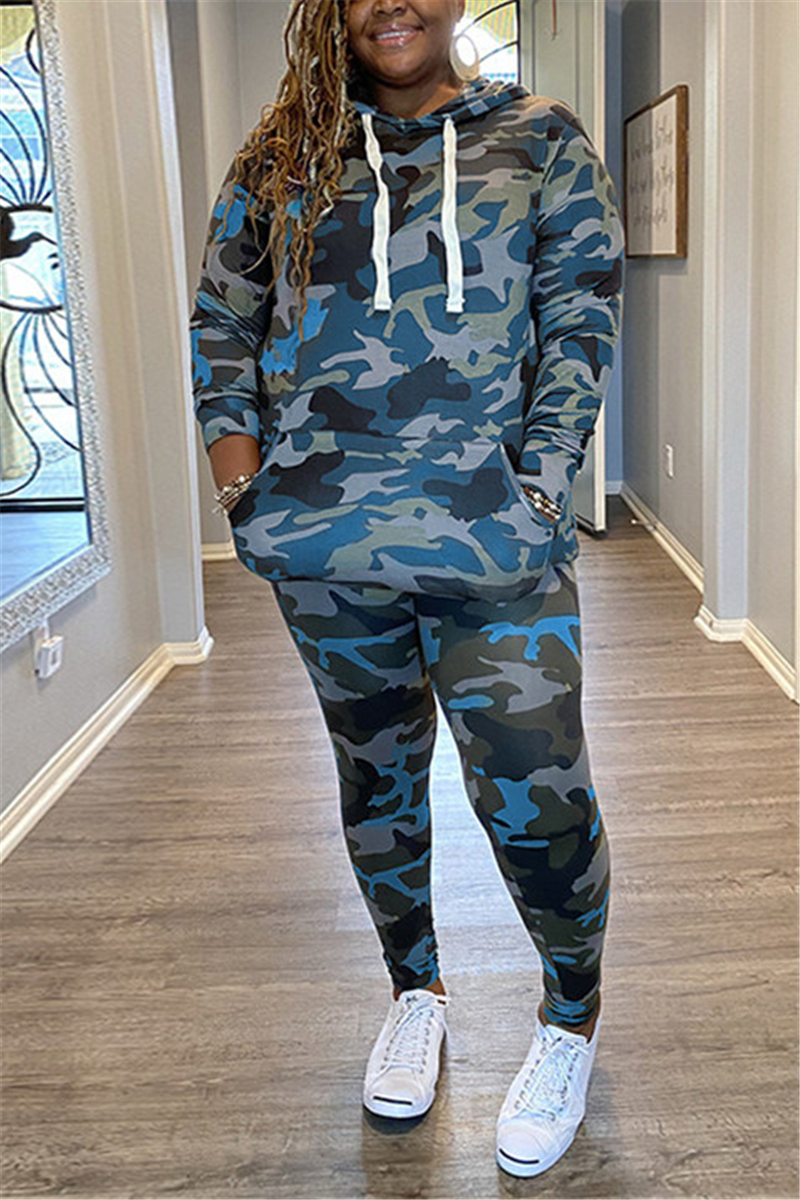 Blue Fashion Casual Hooded Collar Long Sleeve Regular Sleeve Camouflage Print Plus Size Set