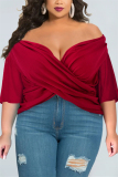Wine Red Fashion Casual V Neck Half Sleeve Batwing Sleeve Regular Solid Tops