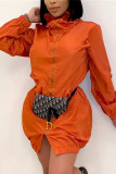 Orange Casual Solid Patchwork Pocket Zipper Collar Long Sleeve A Line Dresses