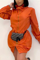 Orange Casual Polyester Solid Split Joint Pocket Zipper Collar Long Sleeve A Line Dresses