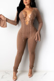 Coffee Sexy Solid Bandage Patchwork O Neck Jumpsuits