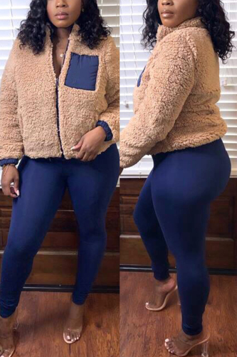 Blue Fashion Casual Long Sleeve Zipper Collar Regular Sleeve Regular Patchwork Two Pieces