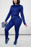 Royal blue Daily Solid Patchwork Pocket O Neck Long Sleeve Regular Sleeve Regular Two Pieces