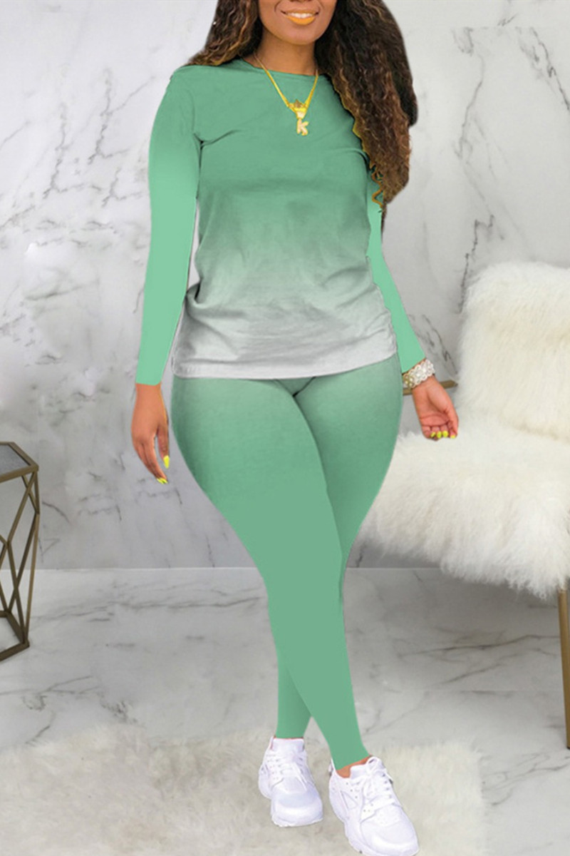 

Light Green Fashion Casual O Neck Long Sleeve Regular Sleeve Gradual Change Print Plus Size Set