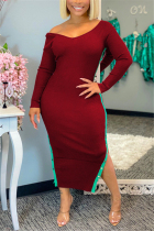 Wine Red Fashion Sexy Regular Sleeve Long Sleeve V Neck Mid Calf Patchwork Dresses
